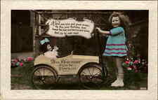 Birthday Toy Go Cart Antique Doll Dolly Tinted Real Photo RPPC Vintage Postcard picture