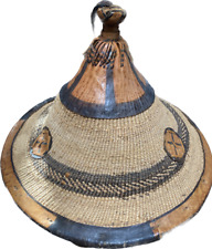 Vintage African Fulani Straw and Leather Sun Hat Handmade picture