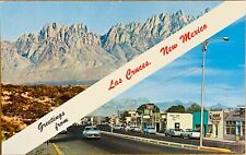 Las Cruces Main Street Scene Banner Greeting Old Car New Mexico Postcard c1950 picture