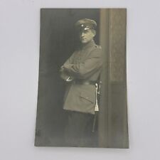 Young WWI German Soldier Postcard w edged weapon Studio Portrait RPPC Postcard V picture
