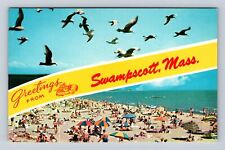 Swampscott MA-Massachusetts, Banner Greetings, Beach Scene, Vintage Postcard picture