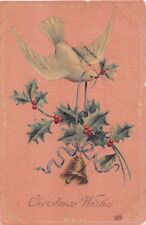 1908 EAS Christmas Postcard of Dove Flying With Holly & a Bell-Satiny Background picture