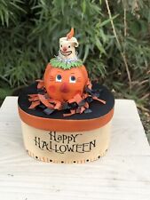 DEPT 56 BERRYMAN'S PUMPKINSEEDS PUMKIN CANDLE ON WOODEN OVAL TRINKET BOX RARE picture