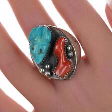 sz12.5 Large Zuni Carved Frog  Turquoise, Coral Silver ring picture