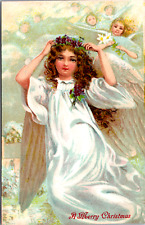 Vintage 1910's Merry Christmas Postcard Lovely Cherub Angles in The Heavens picture