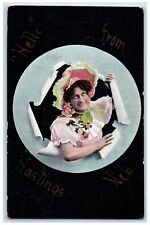 c1910's Hello From Hastings Nebraska NE Unposted Woman With Flowers Postcard picture