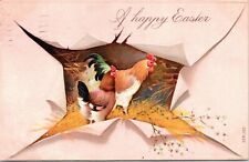 C1910s Easter 2 Hens Birds Seen Through Torn Pink Wrapping Postcard 715 picture