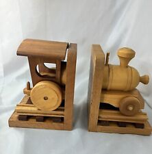 Solid Wood Handcrafted Locomotive Train Bookends Excellent Craftsmanship picture