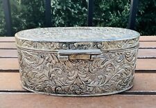 Vintage Art Nouveau Silver Plated Jewelry Trinket Box Ornate Oval Lined Dainty picture