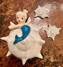 Lefton VTG ceramic MCM mermaid On Shell With 2 Shells wall plaques Rare HTF picture