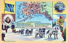 ALASKA AK - Alaska's Flag, Map And Dog Team Postcard picture