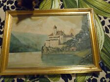 Antique signed oil painting 25 x 16 GOLD frame CASTLE SWISS ALPS original beauty picture