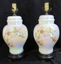 VTG Pair of Table Lamps Hand Painted MAGNOLIAS on White Iridescent Glass Base picture