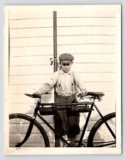 c1930s Moody Boy Newsboy Cap Suspenders Vintage Bicycle Original Photograph picture