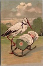 c1910s STORK / Birth Announcement Postcard Baby in Cradle PFB Embossed 6289 picture