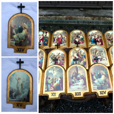 Vintage 1970s  15 stations of the cross wall plaque set wood religious picture