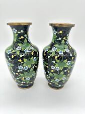 Pair of Vintage Chinese Cloisonne Vase Black Yellow Floral  10” H brass Enamel picture