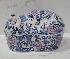 Vintage Asian Ceramic Cat Trinket Box, Blue & White design W/ Pink Flowers picture