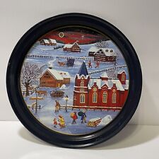 Vintage Large Christmas Cookie Serving Tray Tin Winter Village Scene Blue picture
