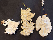 Lot Of 3 Ceramic Bisque Angel Christmas Ornaments White Glitter picture