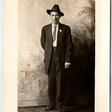 c1910s Handsome Young Man RPPC Standing Portrait Hat Suit Photo Postcard A171 picture