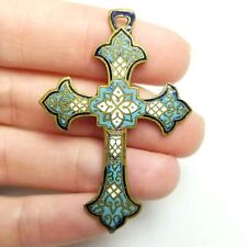 Antique Enamel Cross Pendant, Blue White Bronze Tone Metal, Religious Vintage picture