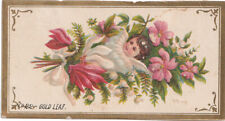 c1800s Victorian Trade Card Baby in Flower Patch Embossed Gold Leaf Design picture