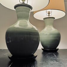 Pair Signed Thai Celadon Jade Green Mid Century Crackle Glaze Pottery Lamps picture
