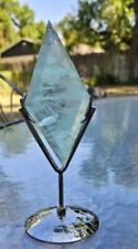150g Diamond-shaped Natural Green Fluorite Crystal With Metal Display Stand picture
