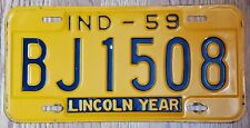 1959 INDIANA IN LICENSE PLATE TAG # “BJ1508” - LINCOLN YEAR; ANTIQUE Vintage picture
