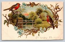 Artist PC 1900s Embossed B-DAY Birds Robins Floral Branches Bridge Pond Cottage picture