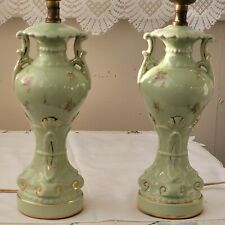 Pair Chartreuse Side Lamps W/ Gold Trim Floral Design Handles 12