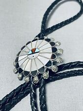 SUPERB VINTAGE ZUNI INLAY TURQUOISE MOTHER OF PEARL STERLING SILVER SUNFACE BOLO picture