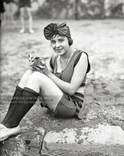 1922 Vintage Photo Cute Bathing Girl with Pet Opossum at Beach 1920s Swimsuit  picture