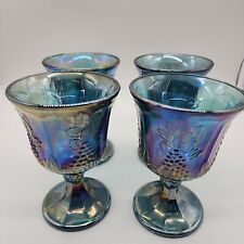 VINTAGE INDIANA HARVEST IRIDESCENT BLUE CARNIVAL 4 GLASS WINE WATER GOBLETS MCM picture