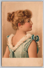 Postcard Young Girl In Fancy Blue Ruffled Dress Vintage Undated Made In Austria picture