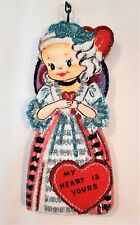 LITTLE MARIE ANTIONETTE w RED HEARTS*  Glitter VALENTINE ORNAMENT *  Vtg Img picture
