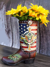 Rustic Western USA Flag Military Cross Olive Branch Cowboy Boot Vase Planter picture
