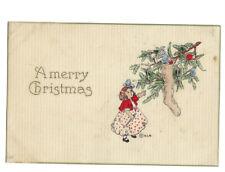 c1910s Merry Christmas Cute Girl Christmas Tree Stocking Elf HL Woehler Postcard picture