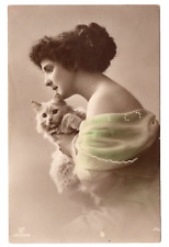 LISBON PORTUGAL LOVELY LADY CAT TINTED RPPC REAL PHOTO POSTCARD STAMP POSTED picture