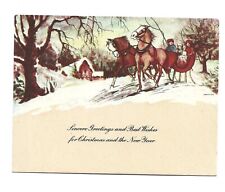 Vtg  Christmas Card SNOWY HOMESITE  Family  Sleigh 2 NICE HORSES picture