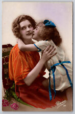 Vintage C1930 Tinted Postcard Loving Mother & Daughter Kiss, Corona Paris Photo picture