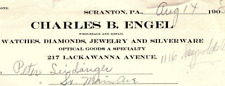 1908 CHARLES B ENGEL SCRANTON PA WATCHES DIAMONDS JEWELRY BILLHEAD INVOICE Z2291 picture