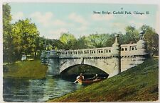 Vintage Chicago Illinois IL Garfield Park Stone Bridge Postcard Boat Trees  picture