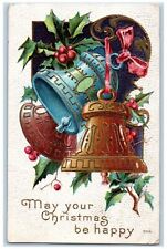 c1910's Christmas Holly Berries Bells Embossed Posted Antique Postcard picture