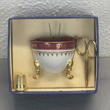Vintage Limoges Pin Cushion Thimble Scissors Made France Castel Gold Maroon picture