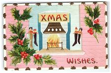 1907-15 Christmas Postcard Fireplace Wishes Holly Embossed Xmas Stockings Pink picture