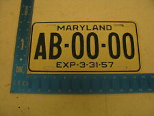 1956 56 1957 57 MARYLAND MD LICENSE PLATE SAMPLE TAG AB-00-00 (KC)  picture