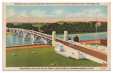 Vintage Lincoln Memorial Bridge Vincennes IN Postcard c1946 Wabash River Linen picture
