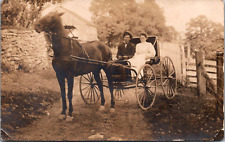 RPPC c1910 Couple Horse Buggy Carriage Rural Barn Dirt Road Rock Wall Fence UNP picture